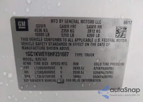 2017 Chevrolet Silverado 2500Hd Ltz z USA, uszkodzony, nr VIN 1GC1KWEY8HF231687